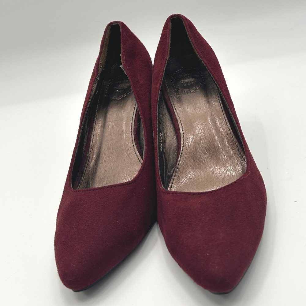 Ollio‎ Burgundy Suede Wedge Heels Leopard Print Pointed Toe Pumps Size 6.5 - Picture 7 of 10